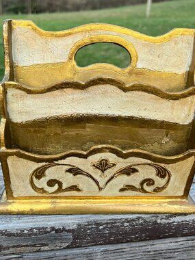 Vintage Italian Florentine Cream/Gold Desk Organizer Gold Paint 7.5 inches tall